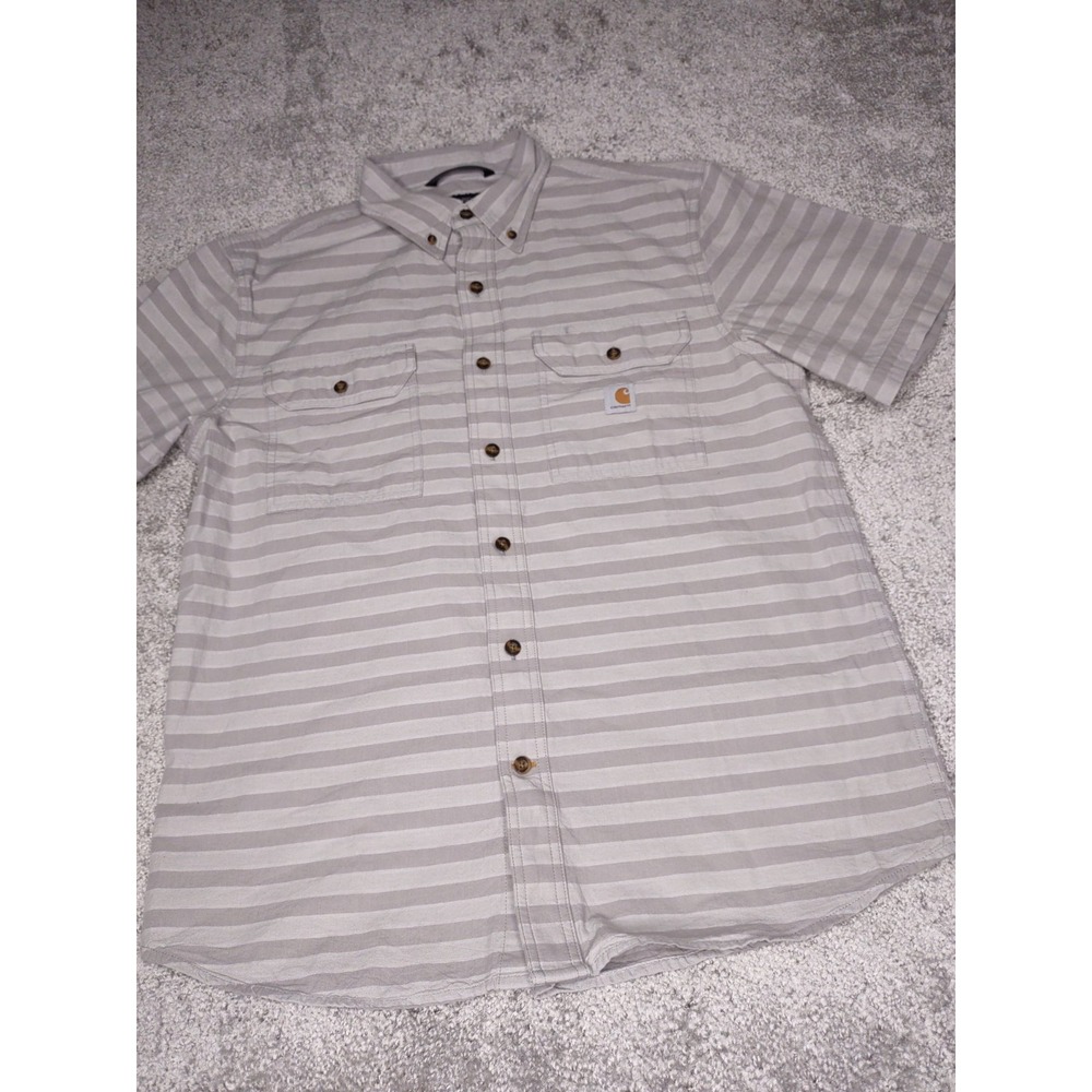 Carhartt Loose Fit Shirt Mens Med Grey‎ Stripe Button Up Pocket Logo Work Casual